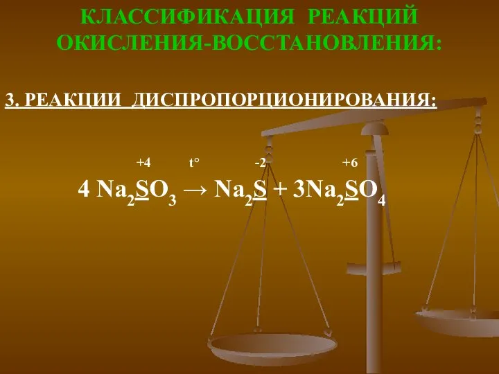 КЛАССИФИКАЦИЯ РЕАКЦИЙ ОКИСЛЕНИЯ-ВОССТАНОВЛЕНИЯ: 3. РЕАКЦИИ ДИСПРОПОРЦИОНИРОВАНИЯ: +4 t° -2 +6 4 Na2SO3 → Na2S + 3Na2SO4