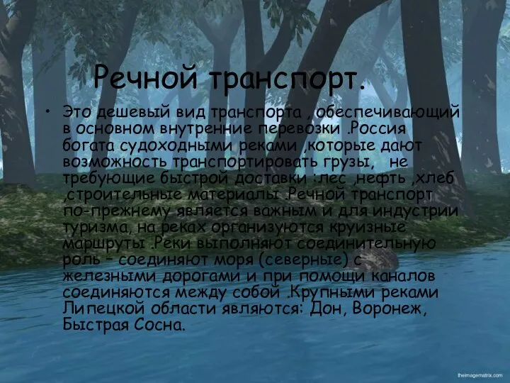 Речной транспорт. Это дешевый вид транспорта , обеспечивающий в основном внутренние перевозки