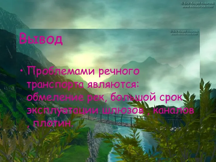 Вывод Проблемами речного транспорта являются: обмеление рек, большой срок эксплуатации шлюзов , каналов , плотин.