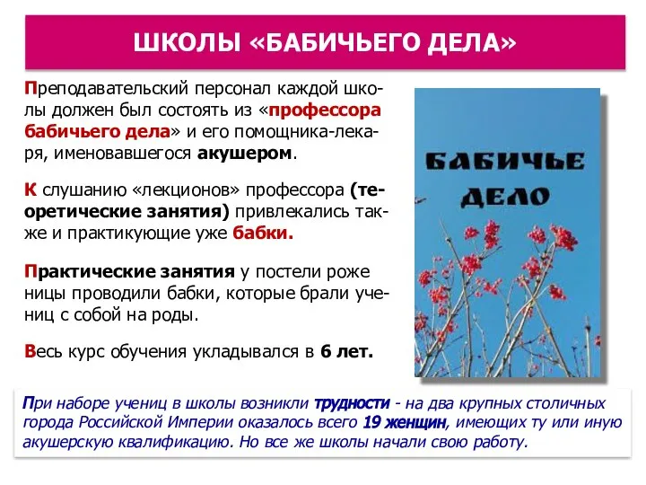 Преподавательский персонал каждой шко-лы должен был состоять из «профессора бабичьего дела» и