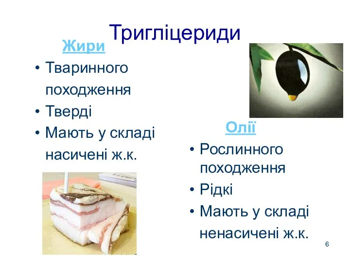 Тригліцериди Жири Тваринного походження Тверді Мають у складі насичені ж.к. Олії Рослинного