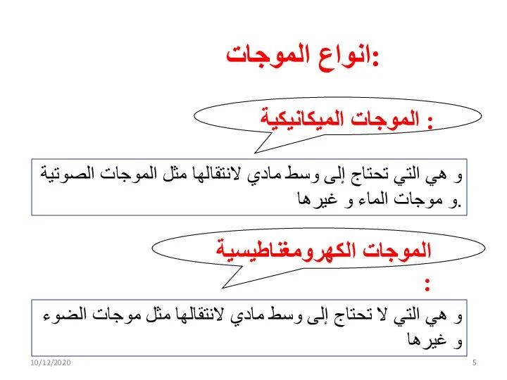 انواع الموجات: الموجات الكهرومغناطيسية : و هي التي لا تحتاج إلى وسط