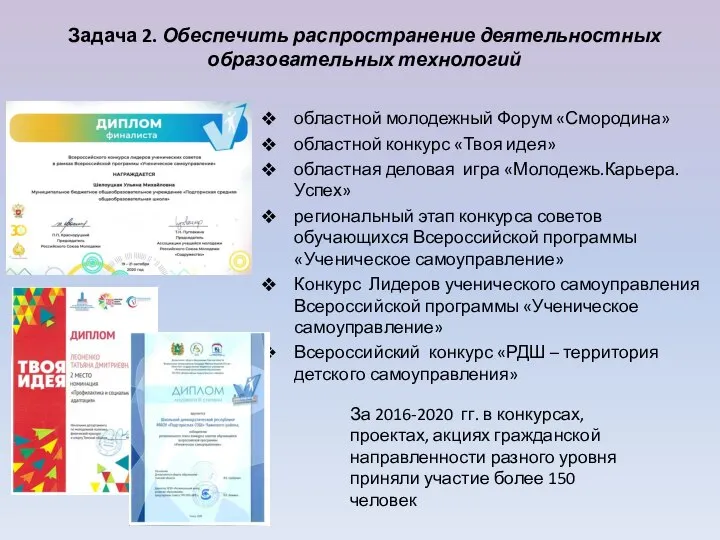 Задача 2. Обеспечить распространение деятельностных образовательных технологий областной молодежный Форум «Смородина» областной