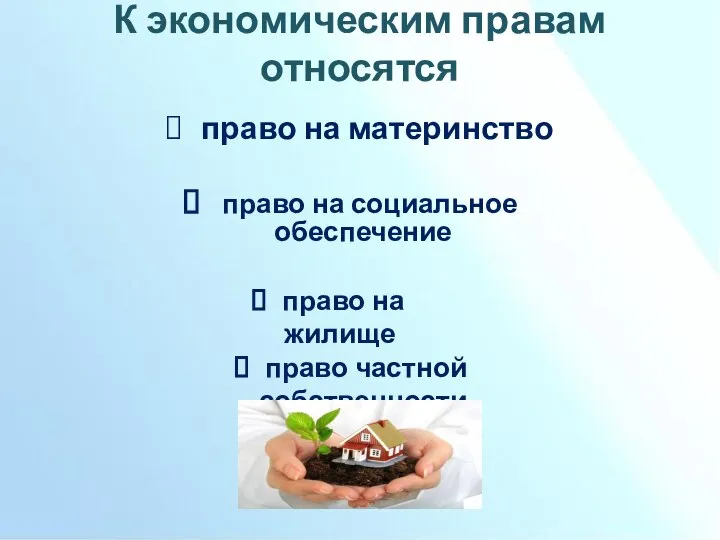 К экономическим правам относятся право на материнство право на социальное обеспечение право