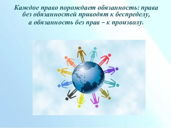 Каждое право порождает обязанность: права без обязанностей приводят к беспределу, а обязанность