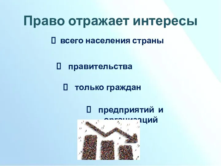 Право отражает интересы всего населения страны правительства только граждан предприятий и организаций