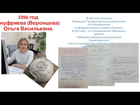 1996 год Ануфриева (Воронцова) Ольга Васильевна. В 2001 году окончила Тюменский Государственный