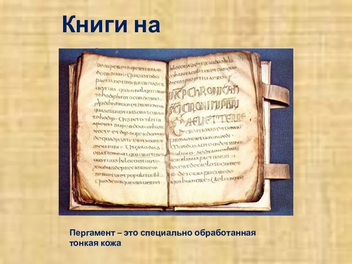 Книги на пергаменте Пергамент – это специально обработанная тонкая кожа