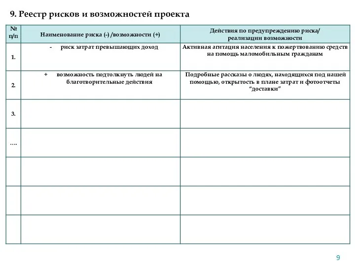 9. Реестр рисков и возможностей проекта