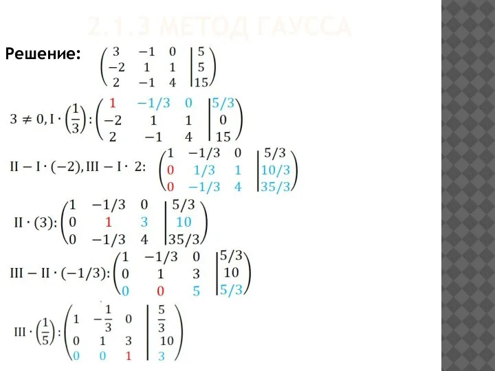 2.1.3 МЕТОД ГАУССА Решение: