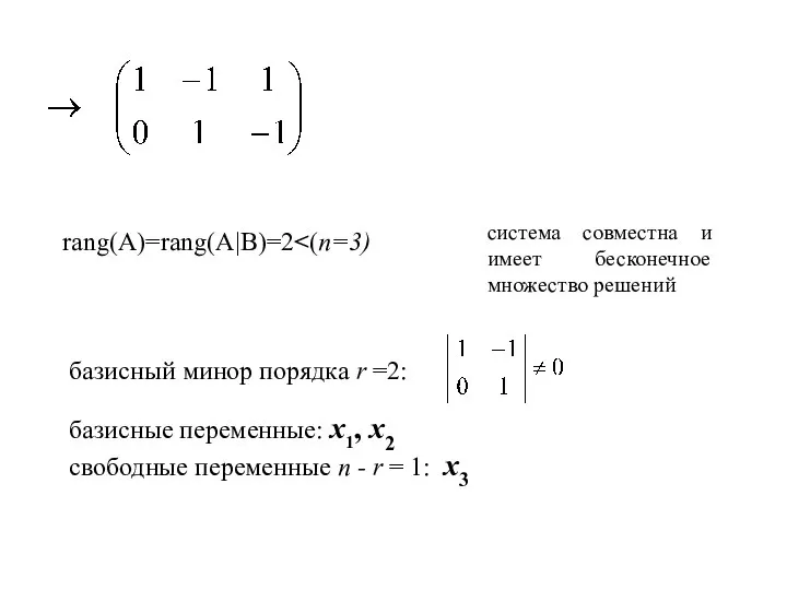 rang(A)=rang(A|B)=2 система совместна и имеет бесконечное множество решений базисный минор порядка r