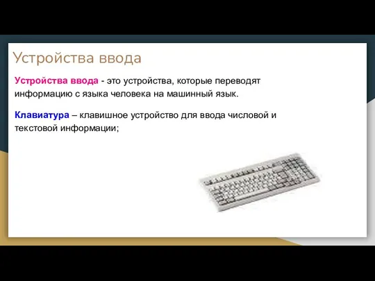 Устройства ввода Устройства ввода - это устройства, которые переводят информацию с языка