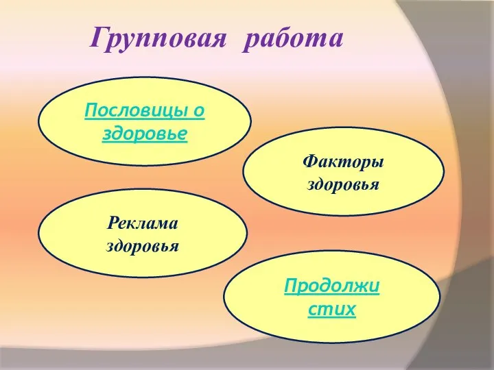 Групповая работа Реклама здоровья Факторы здоровья Пословицы о здоровье Продолжи стих