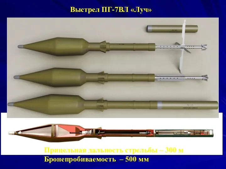 Выстрел ПГ-7ВЛ «Луч» Прицельная дальность стрельбы – 300 м Бронепробиваемость – 500 мм