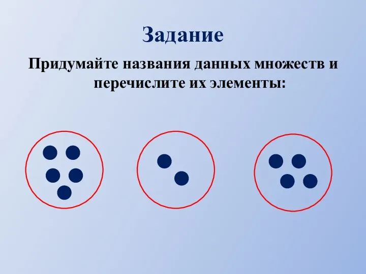 Задание Придумайте названия данных множеств и перечислите их элементы: