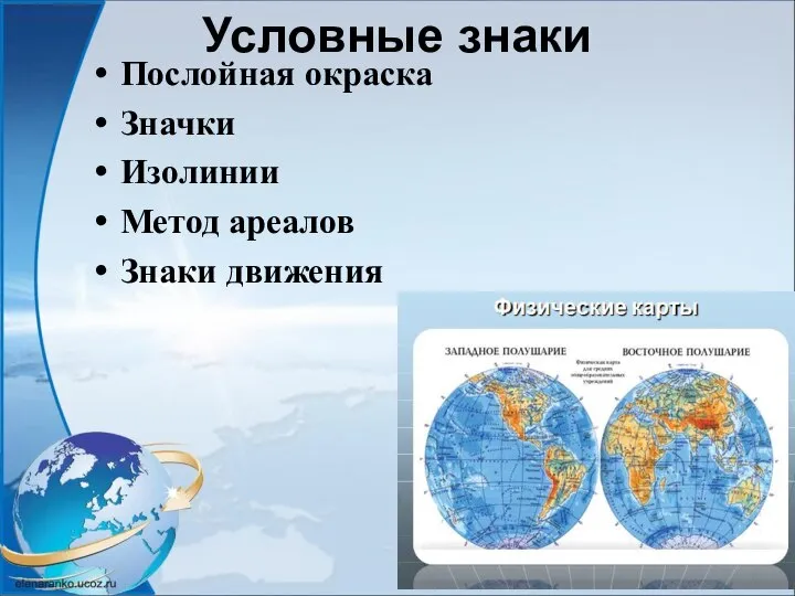 Условные знаки Послойная окраска Значки Изолинии Метод ареалов Знаки движения