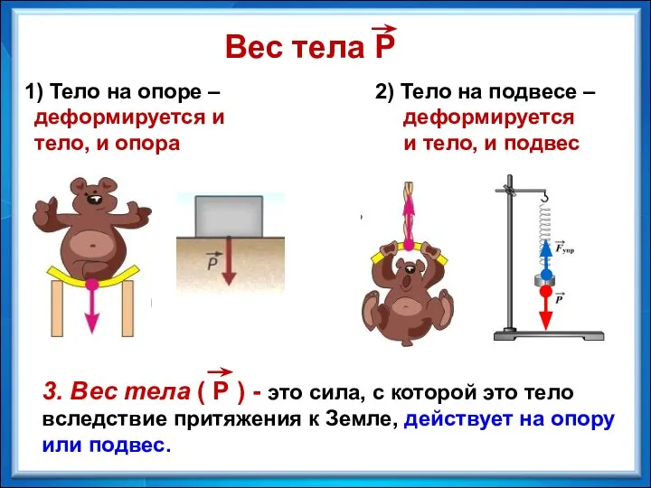 1) Тело на опоре – 2) Тело на подвесе – Вес тела