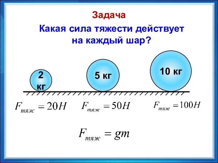 Какая сила тяжести действует на каждый шар? 2 кг 5 кг 10 кг Задача