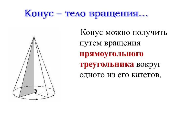 Конус – тело вращения… Конус можно получить путем вращения прямоугольного треугольника вокруг одного из его катетов.