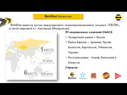 Beeline Казахстан Beeline является частью международного телекоммуникационного холдинга «VEON», со штаб-квартирой в