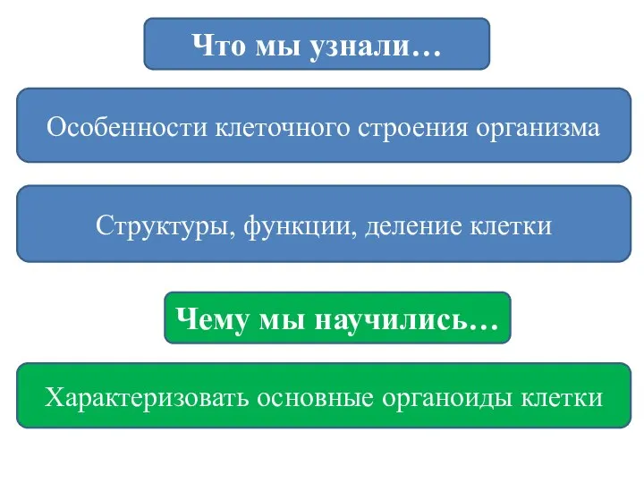 Особенности клеточного строения организма Что мы узнали… Чему мы научились… Характеризовать основные