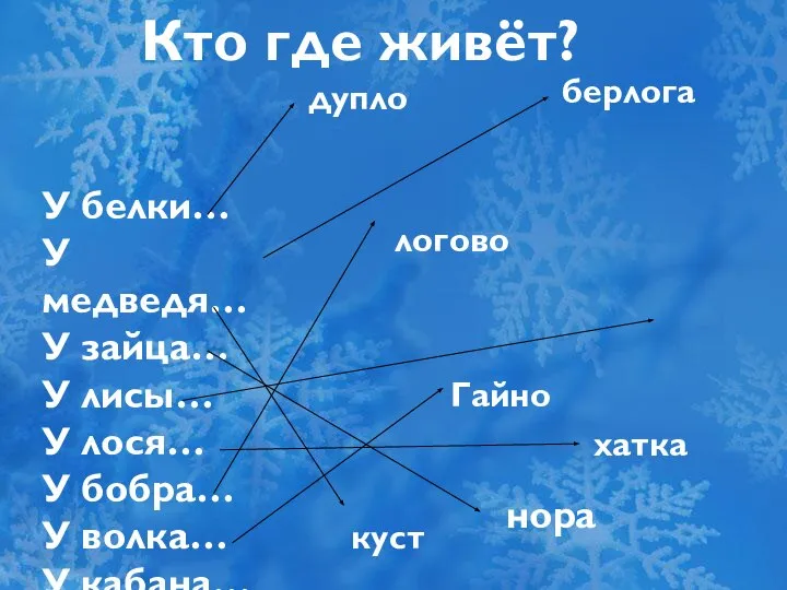 Кто где живёт? У белки… У медведя… У зайца… У лисы… У