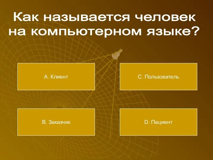 Как называется человек на компьютерном языке? А. Клиент В. Заказчик С. Пользователь D. Пациент