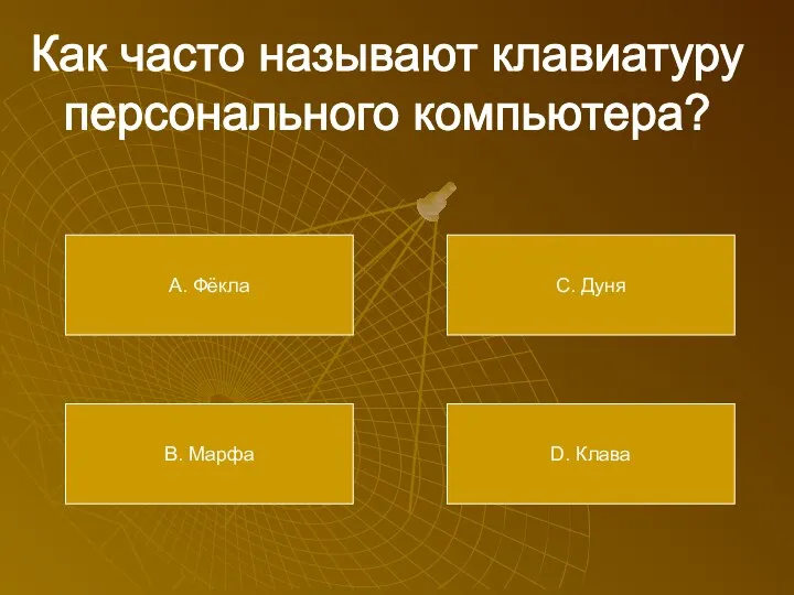 Как часто называют клавиатуру персонального компьютера? А. Фёкла В. Марфа С. Дуня D. Клава