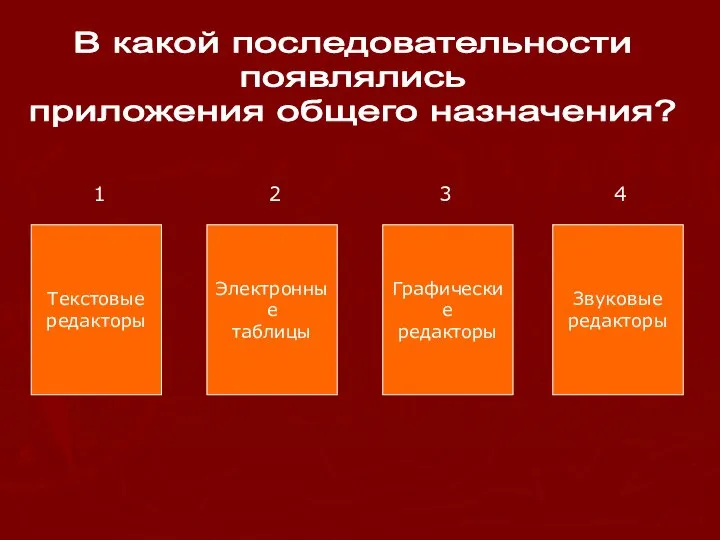 В какой последовательности появлялись приложения общего назначения? Текстовые редакторы Электронные таблицы Графические