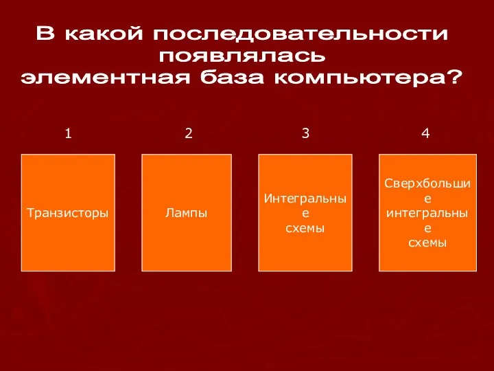 В какой последовательности появлялась элементная база компьютера? Транзисторы Лампы Интегральные схемы Сверхбольшие