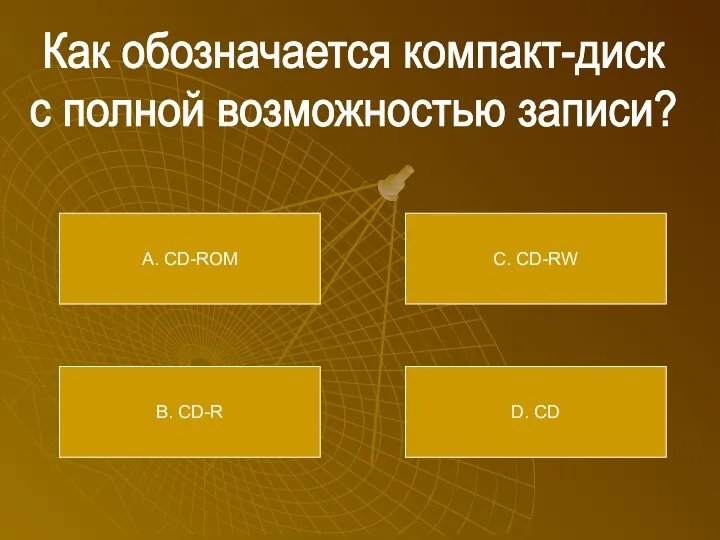 Как обозначается компакт-диск с полной возможностью записи? А. CD-ROM В. CD-R С. CD-RW D. CD