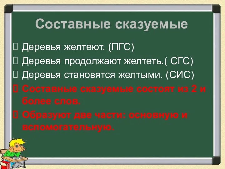 Составные сказуемые Деревья желтеют. (ПГС) Деревья продолжают желтеть.( СГС) Деревья становятся желтыми.