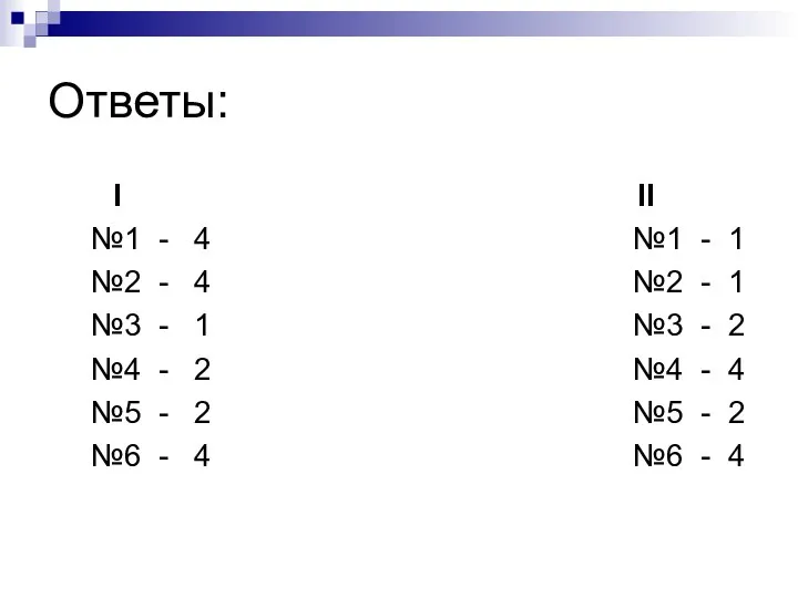 Ответы: I II №1 - 4 №1 - 1 №2 - 4