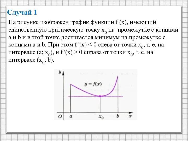 Случай 1 На рисунке изображен график функции f (x), имеющий единственную критическую
