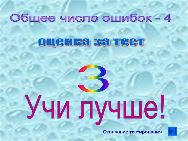 Общее число ошибок - 4 оценка за тест 3 Учи лучше! Окончание тестирования