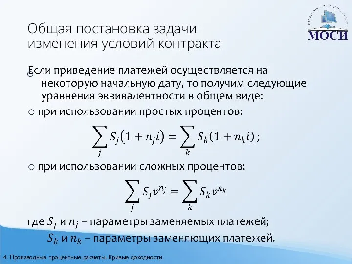 Общая постановка задачи изменения условий контракта 4. Производные процентные расчеты. Кривые доходности.