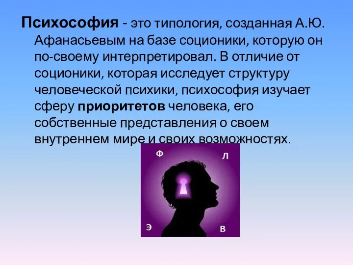 Психософия - это типология, созданная А.Ю.Афанасьевым на базе соционики, которую он по-своему