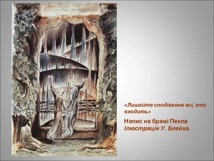 Напис на брамі Пекла Ілюстрація У. Блейка. «Лишайте сподівання всі, хто входить»