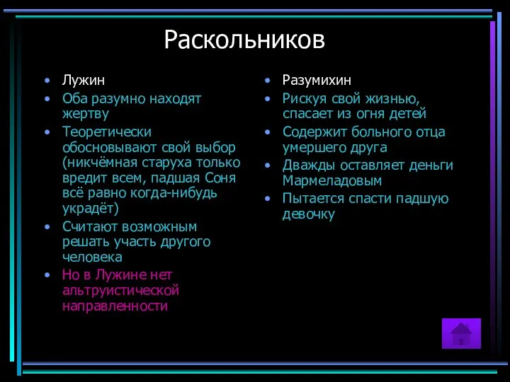 Раскольников Лужин Оба разумно находят жертву Теоретически обосновывают свой выбор (никчёмная старуха