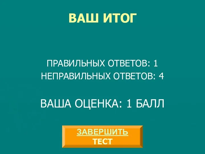 ВАШ ИТОГ ПРАВИЛЬНЫХ ОТВЕТОВ: 1 НЕПРАВИЛЬНЫХ ОТВЕТОВ: 4 ВАША ОЦЕНКА: 1 БАЛЛ ЗАВЕРШИТЬ ТЕСТ