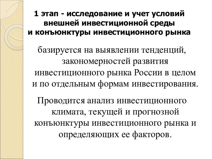 1 этап - исследование и учет условий внешней инвестиционной среды и конъюнктуры