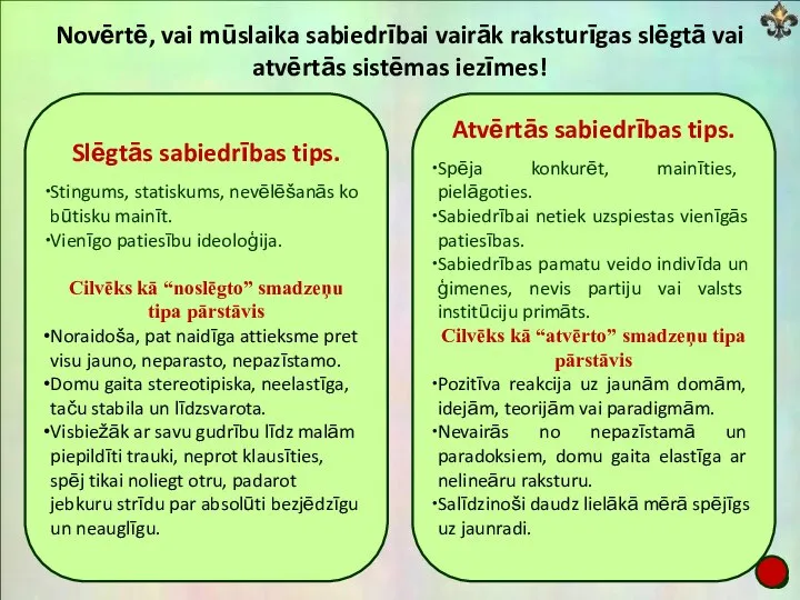 Novērtē, vai mūslaika sabiedrībai vairāk raksturīgas slēgtā vai atvērtās sistēmas iezīmes! Slēgtās