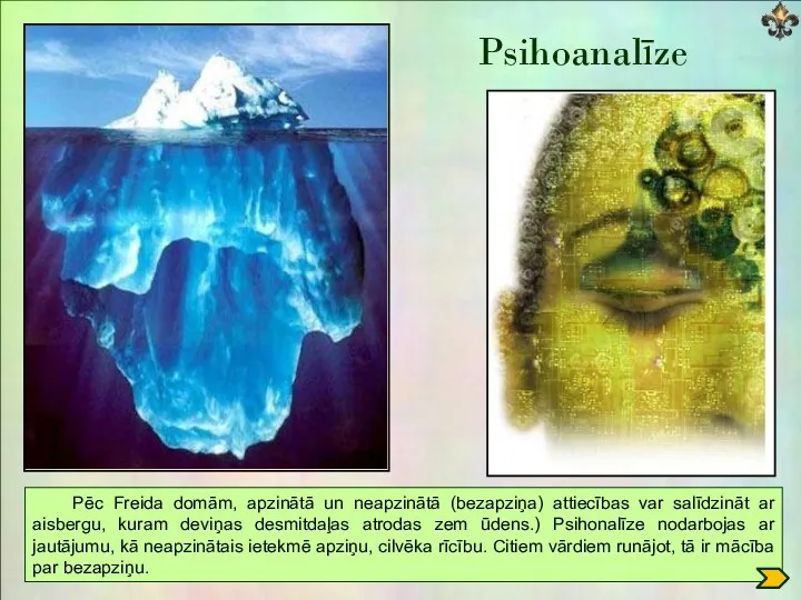 Psihoanalīze Pēc Freida domām, apzinātā un neapzinātā (bezapziņa) attiecības var salīdzināt ar