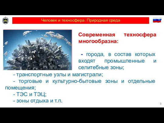 Человек и техносфера. Природная среда Современная техносфера многообразна: - города, в состав