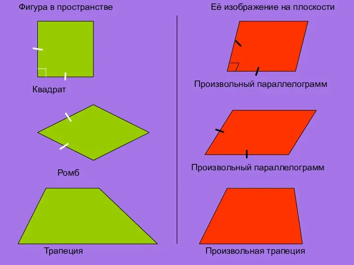 Фигура в пространстве Её изображение на плоскости Квадрат Произвольный параллелограмм Трапеция Произвольная трапеция Произвольный параллелограмм Ромб