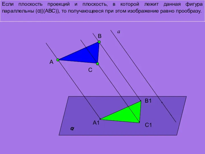Если плоскость проекций и плоскость, в которой лежит данная фигура параллельны (α||(АВС)),