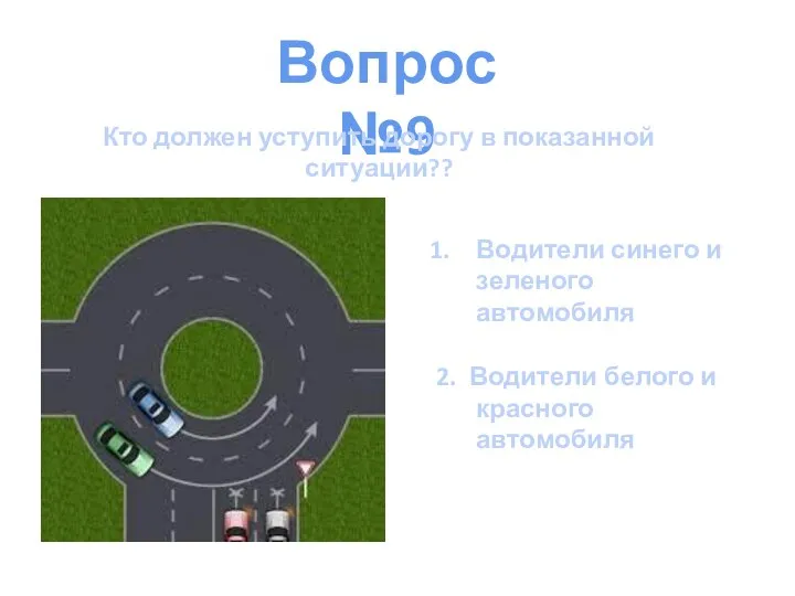 Вопрос №9 Кто должен уступить дорогу в показанной ситуации?? Водители синего и