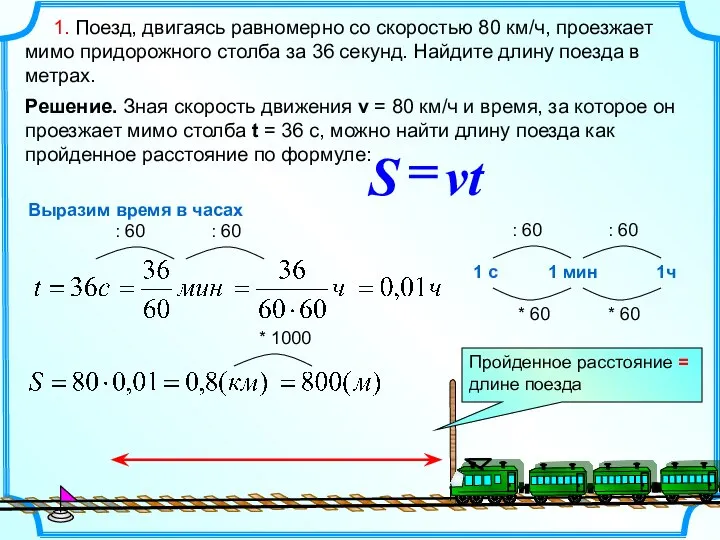 1. Поезд, двигаясь равномерно со скоростью 80 км/ч, проезжает мимо придорожного столба