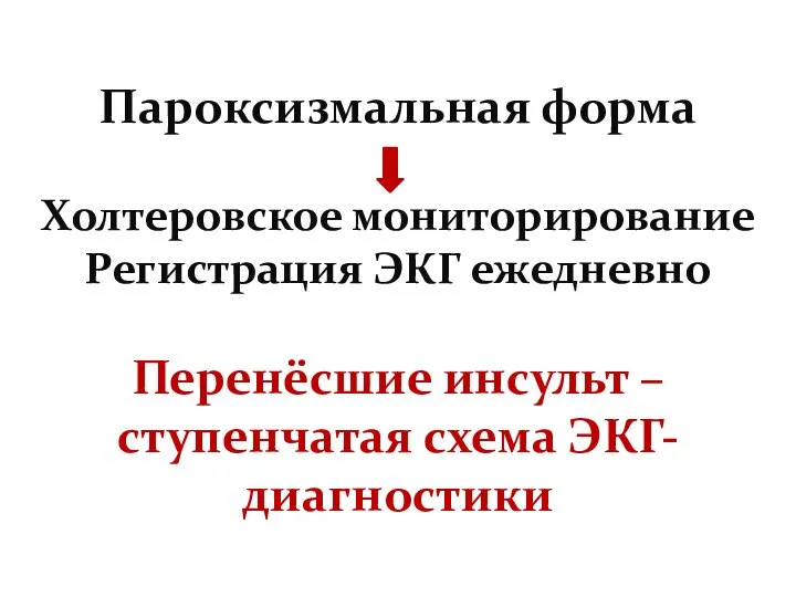 Пароксизмальная форма Холтеровское мониторирование Регистрация ЭКГ ежедневно Перенёсшие инсульт – ступенчатая схема ЭКГ-диагностики