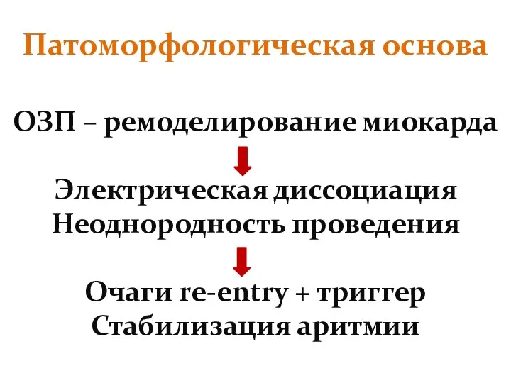 Патоморфологическая основа ОЗП – ремоделирование миокарда Электрическая диссоциация Неоднородность проведения Очаги re-entry + триггер Стабилизация аритмии